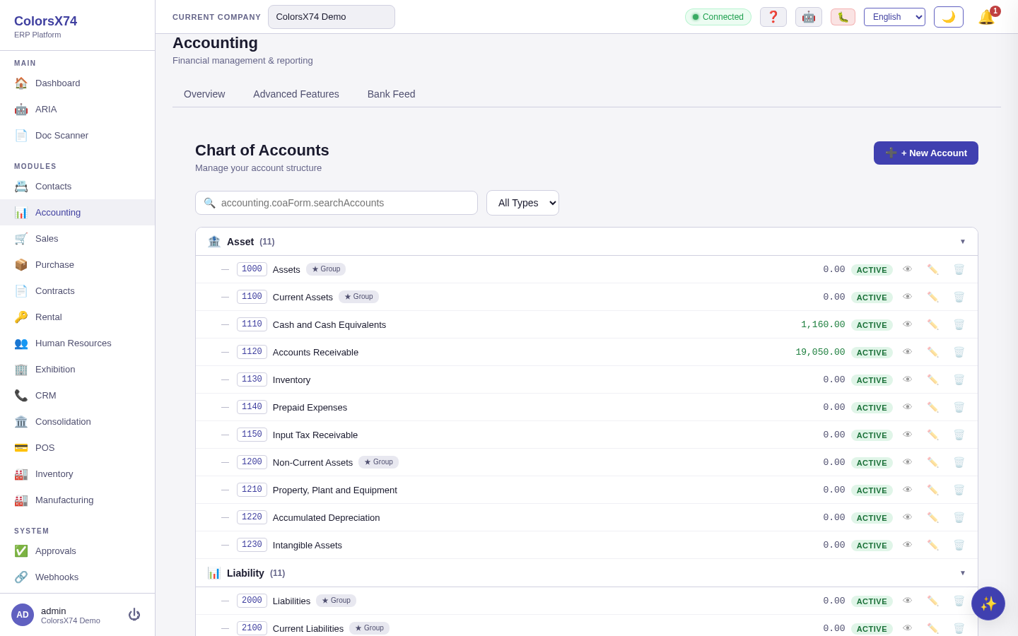Chart of Accounts screen with search, type filter, and New Account action