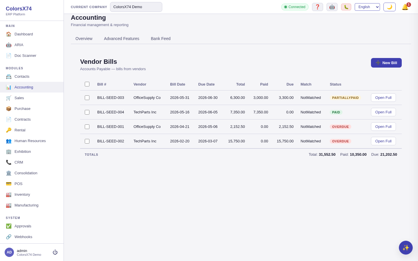 Vendor bills list with vendors, due dates, and amounts