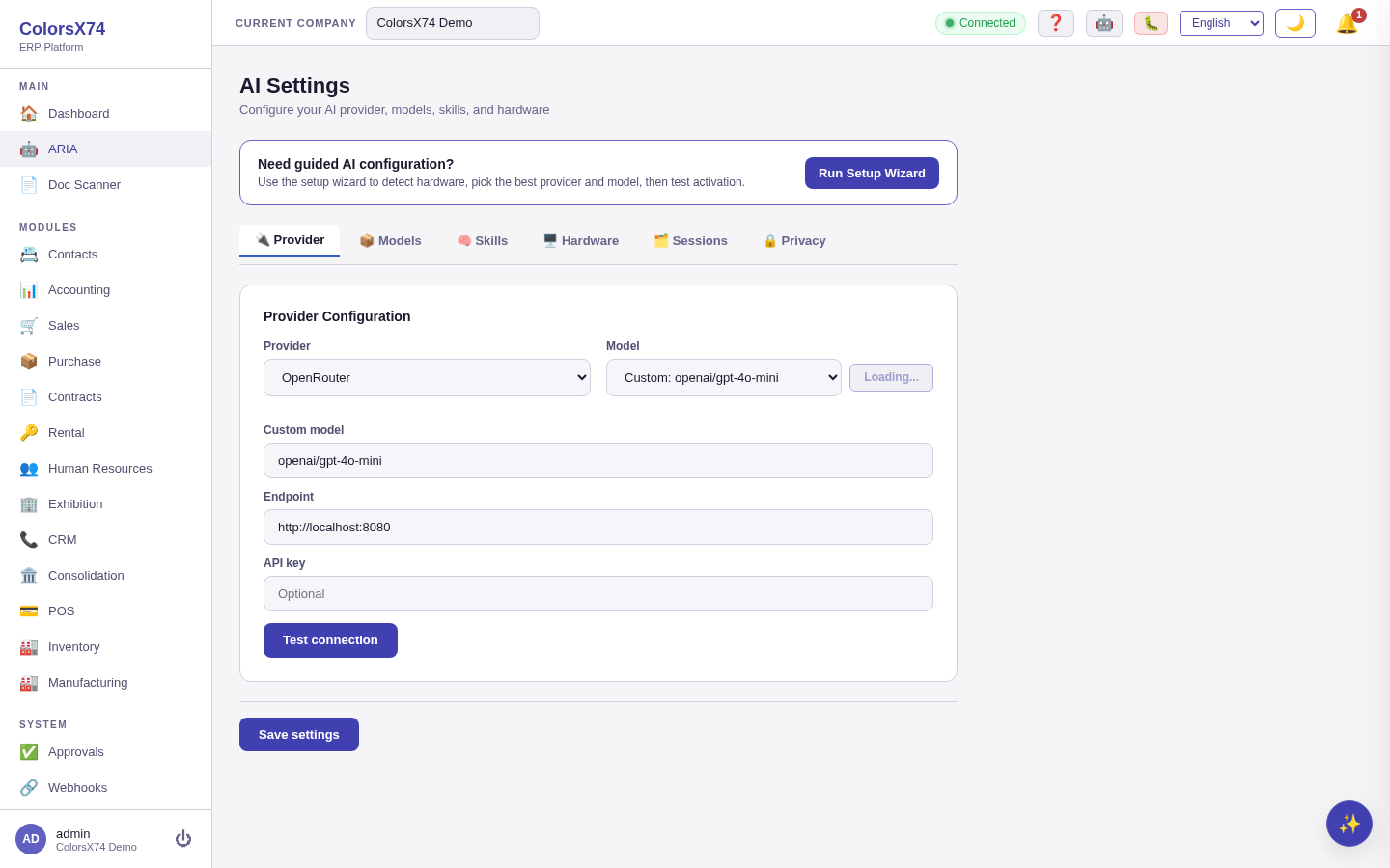 AI Settings provider configuration with tabs for models, skills, hardware, sessions, privacy