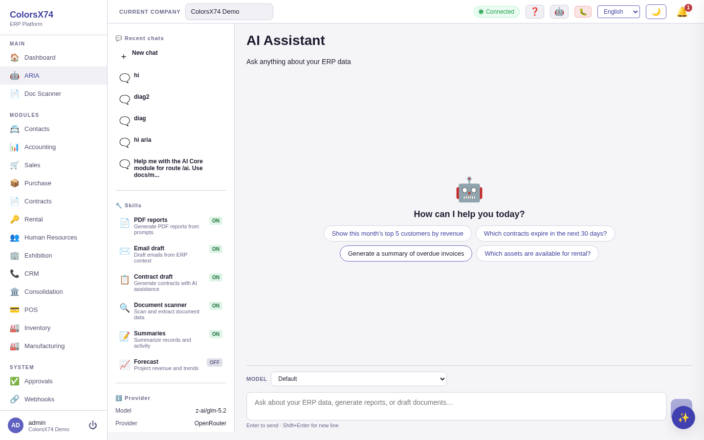 ColorsX74 ERP ARIA AI assistant