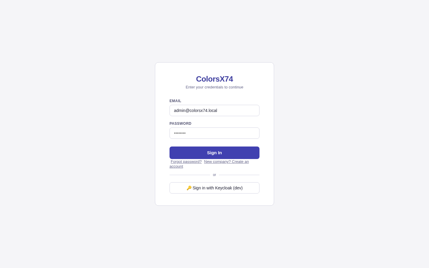 ColorsX74 ERP Login screen with demo data
